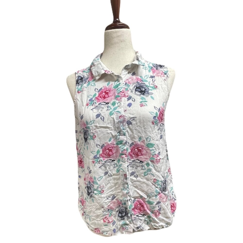 H&M Floral Sleeveless Button Down Blouse White Pink Roses Women’s Size‎ 6